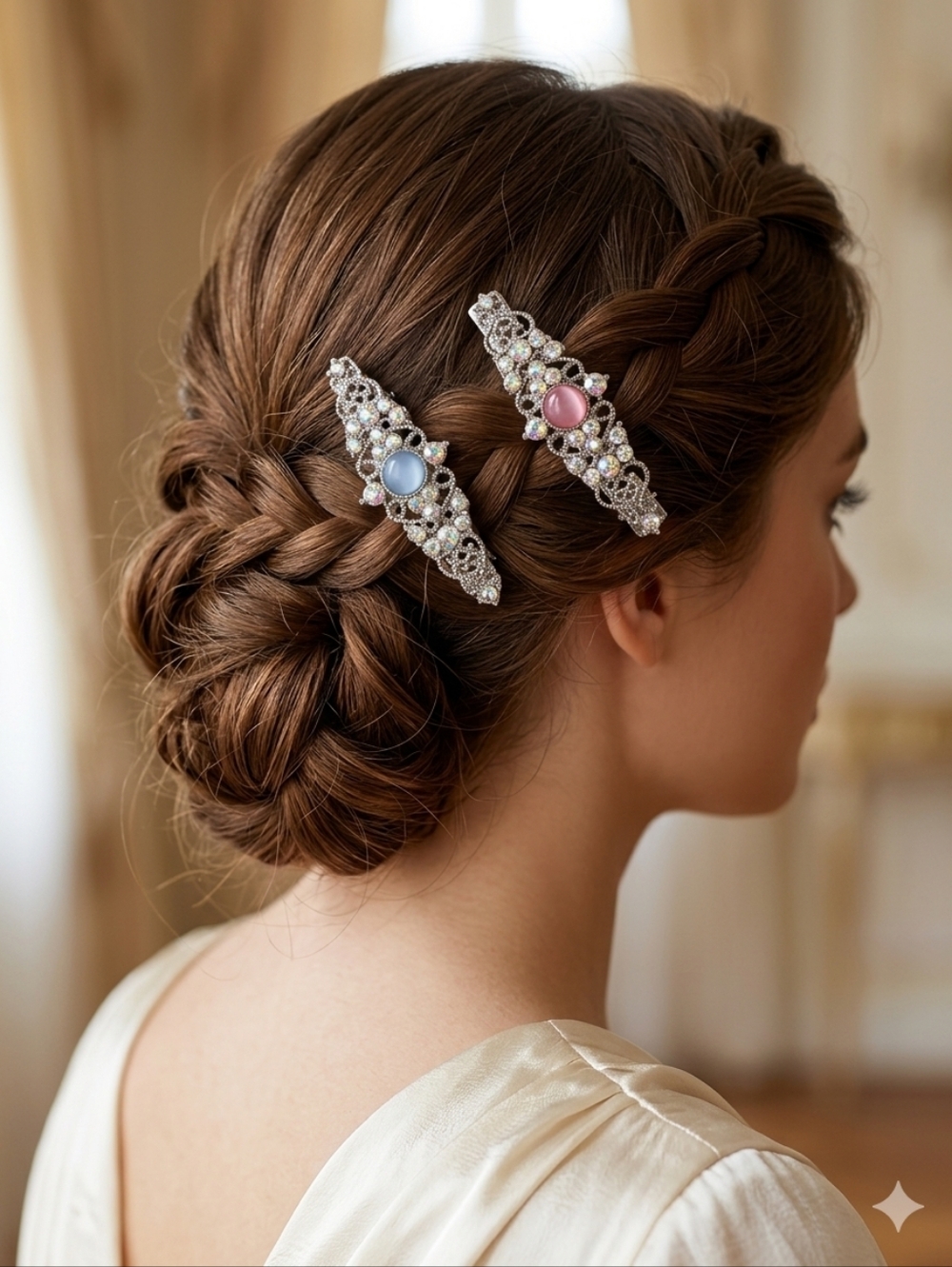 Elegant Silver Crystal Hair Clips with Pink and Blue Cabochons Set Of 2